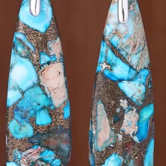 NATURAL IMPERIAL BLUE, TURQUOISE AND GOLD STONE LONG SILVERY #1 EARRINGS 15 - Picture 2 of 2